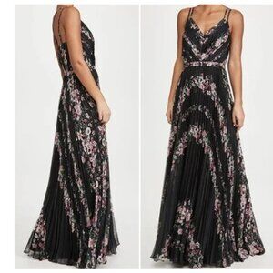 Marchesa Notte Pleated Chiffon Floral-Print Belted Sleeveless Dress Size-8 Black